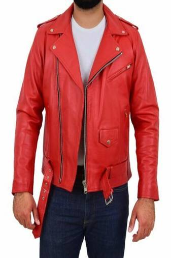 men's red lambskin leather biker jacket classic moto zip style