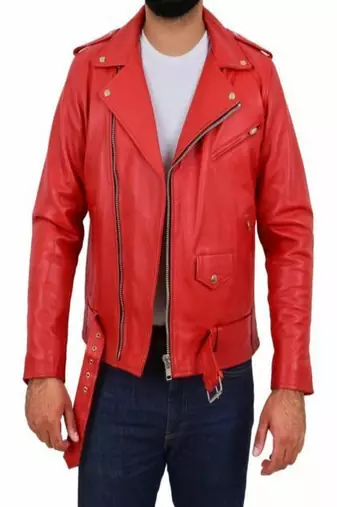 Men's red genuine leather biker jacket classic brando motorcycle moto coat