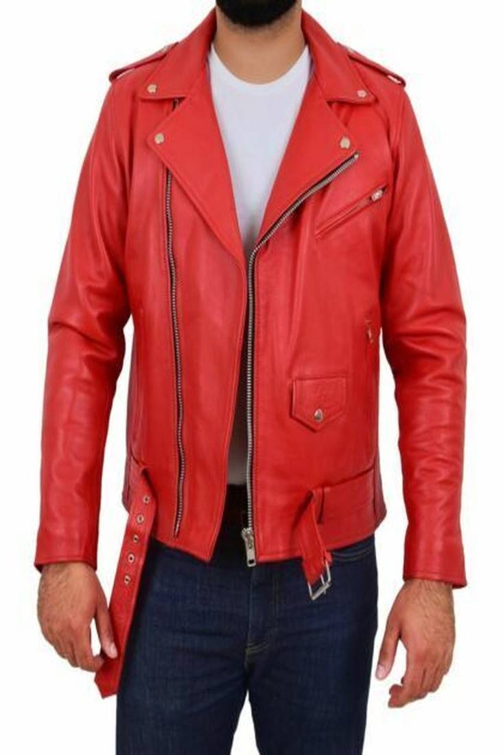 Men's red genuine leather biker jacket classic brando motorcycle moto coat