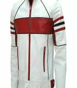 Men's genuine leather biker jacket white & red cafe racer