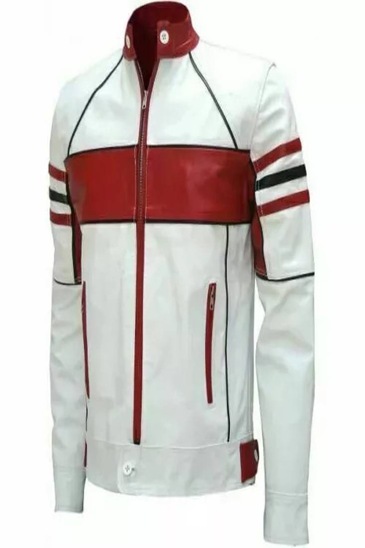 Men's genuine leather biker jacket white & red cafe racer