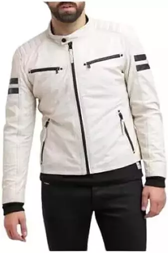 Men’s off-white leather biker jacket  slim fit moto style zip-up jacket with stripe detail