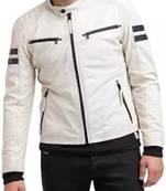 Men’s off-white leather biker jacket  slim fit moto style zip-up jacket with stripe detail
