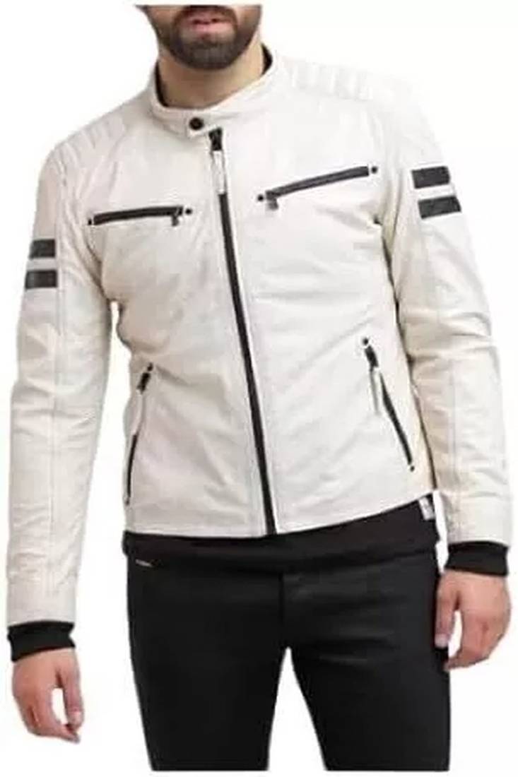 Men’s off-white leather biker jacket  slim fit moto style zip-up jacket with stripe detail