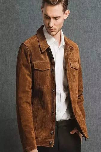 men's brown suede leather trucker jacket rugged trucker style