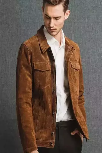 Men's real leather brown suede jacket trucker jacket button style