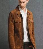 Men's real leather brown suede jacket trucker jacket button style