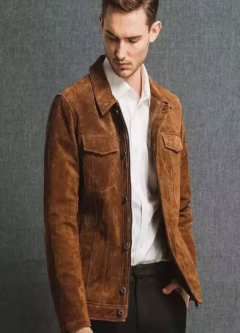 Men's real leather brown suede jacket trucker jacket button style