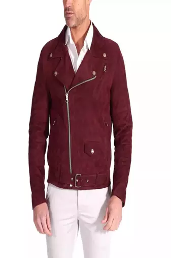 Men's genuine suede maroon leather jacket with buckle zipper