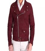 Men's genuine suede maroon leather jacket with buckle zipper