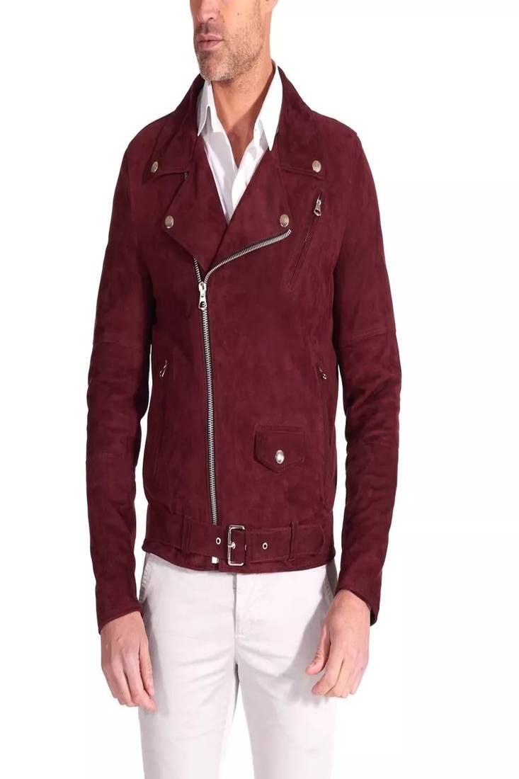 Men's genuine suede maroon leather jacket with buckle zipper