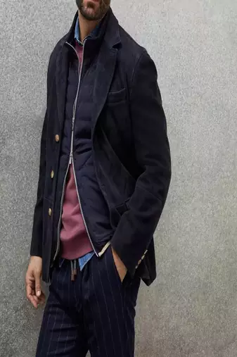 Men’s premium suede leather blazer jacket – navy blue casual smart coat with inner quilted layer