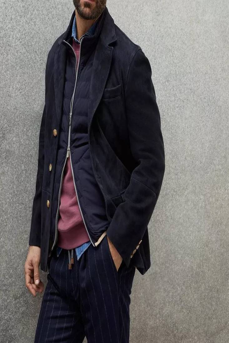 Men’s premium suede leather blazer jacket – navy blue casual smart coat with inner quilted layer