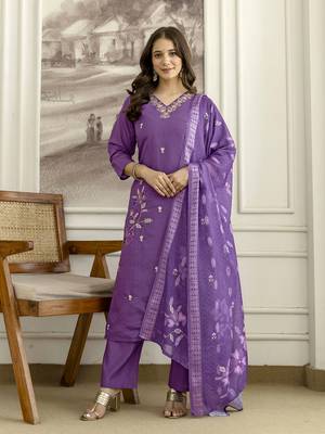 PurpleSilk blend  Beads Embroidery Sequence Work Kurta Pant with Dupatta 1