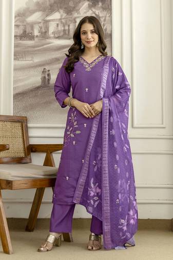 PurpleSilk blend  Beads Embroidery Sequence Work Kurta Pant with Dupatta