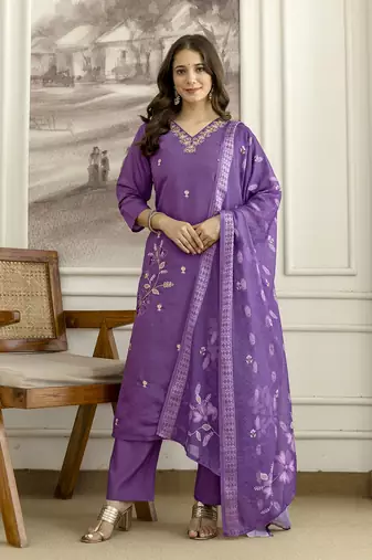 PurpleSilk blend  Beads Embroidery Sequence Work Kurta Pant with Dupatta