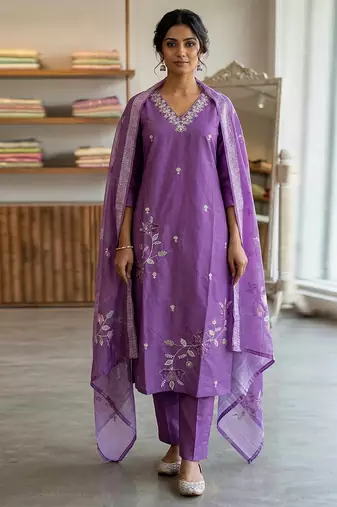 Purple Roman Silk Beads Embroidery Sequence Work Kurta Pant with Dupatta