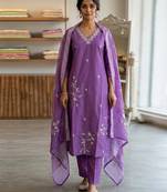 Purple Roman Silk Beads Embroidery Sequence Work Kurta Pant with Dupatta