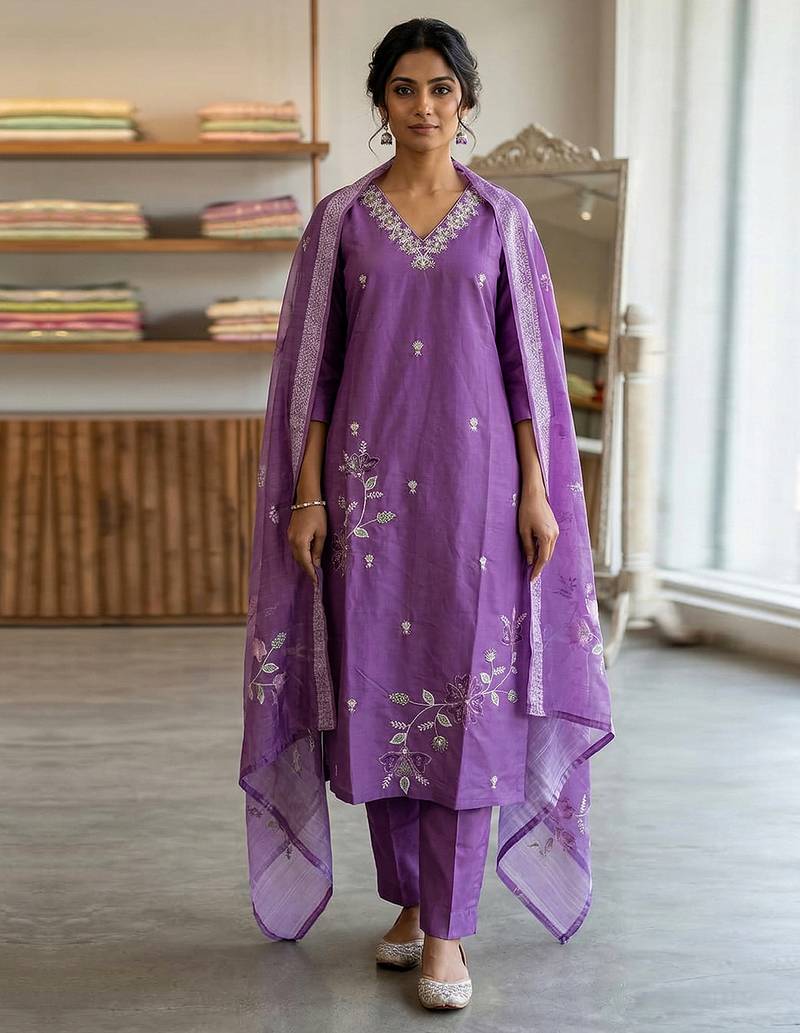 Purple Roman Silk Beads Embroidery Sequence Work Kurta Pant with Dupatta