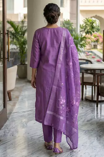 Purple Roman Silk Beads Embroidery Sequence Work Kurta Pant with Dupatta