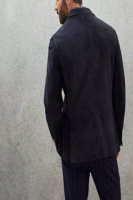 men's navy blue suede leather blazer jacket premium quilted design 2