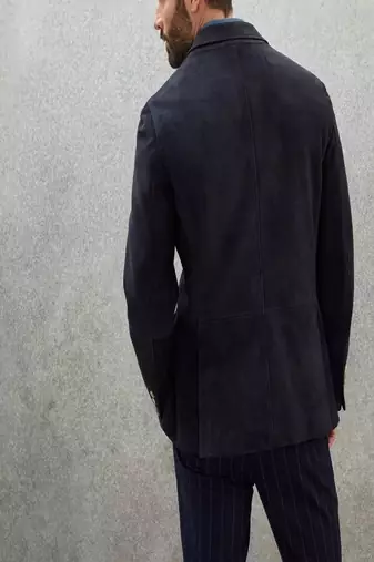 men's navy blue suede leather blazer jacket premium quilted design