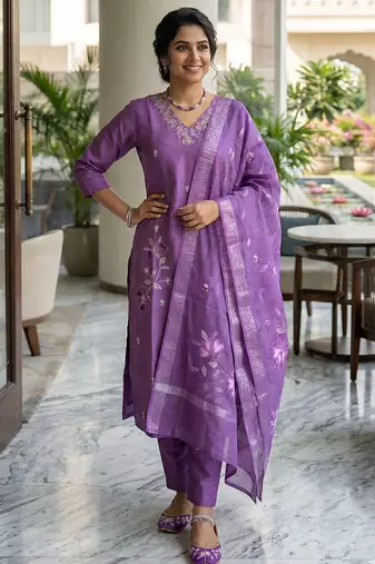 Purple Roman Silk Beads Embroidery Sequence Work Kurta Pant with Dupatta