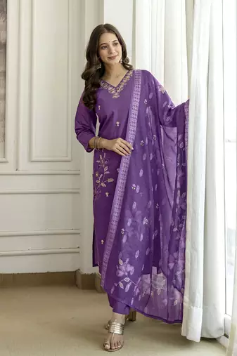 PurpleSilk blend  Beads Embroidery Sequence Work Kurta Pant with Dupatta