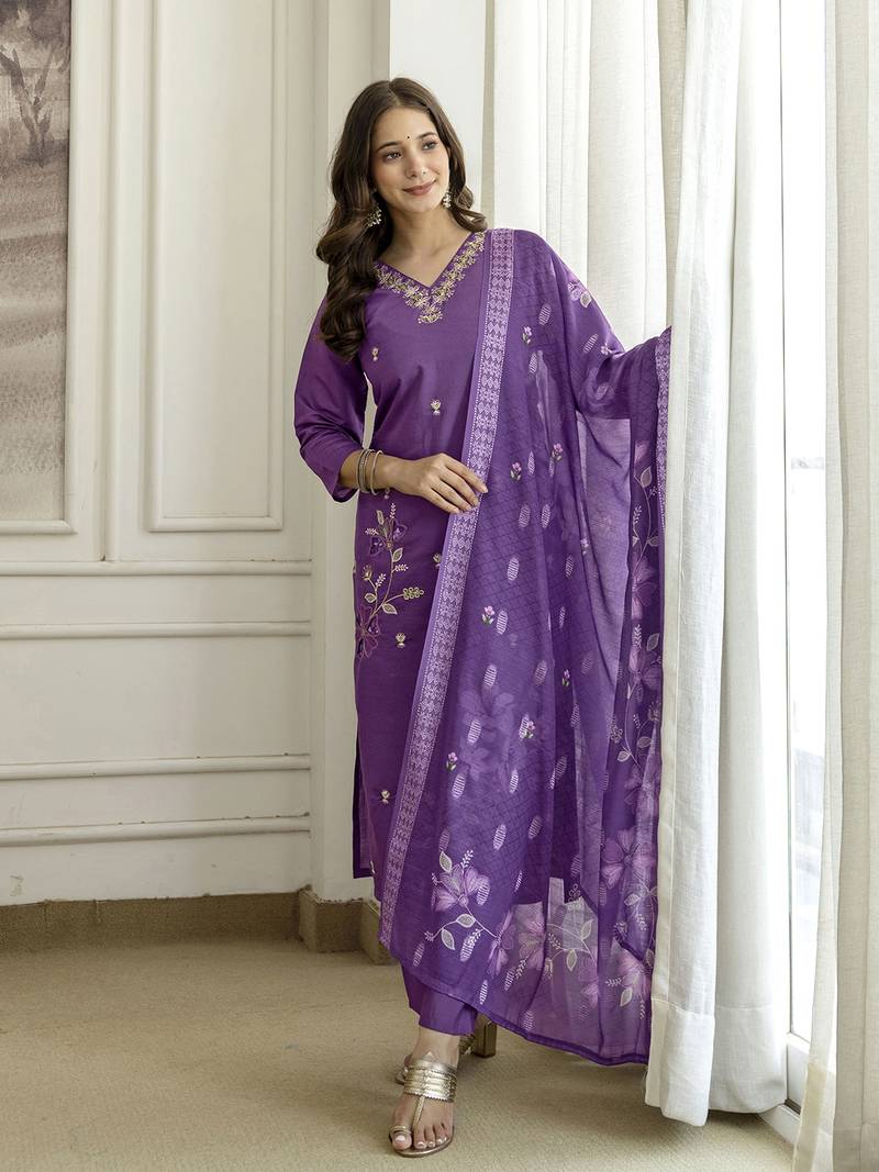 PurpleSilk blend  Beads Embroidery Sequence Work Kurta Pant with Dupatta