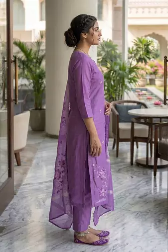 Purple Roman Silk Beads Embroidery Sequence Work Kurta Pant with Dupatta
