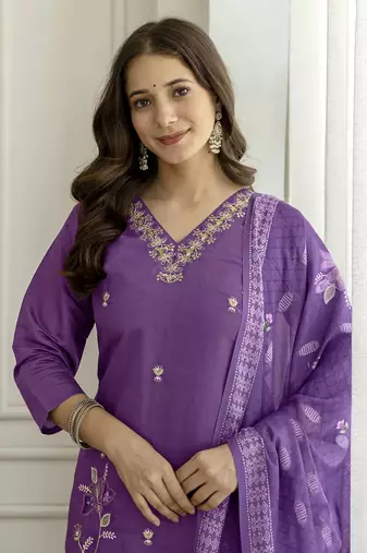 PurpleSilk blend  Beads Embroidery Sequence Work Kurta Pant with Dupatta