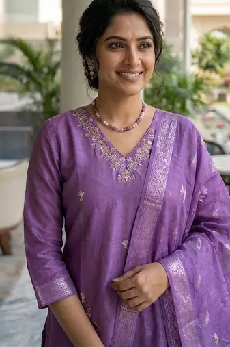 Purple Roman Silk Beads Embroidery Sequence Work Kurta Pant with Dupatta