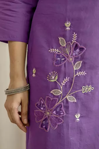 PurpleSilk blend  Beads Embroidery Sequence Work Kurta Pant with Dupatta