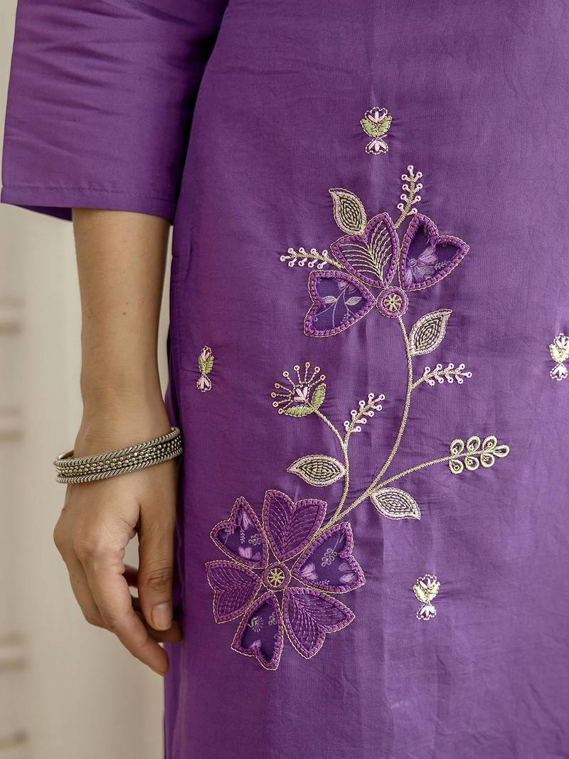 PurpleSilk blend  Beads Embroidery Sequence Work Kurta Pant with Dupatta