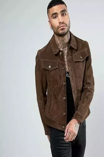 Men's genuine suede leather trucker jacket tan/brown