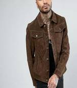 Men's genuine suede leather trucker jacket tan/brown