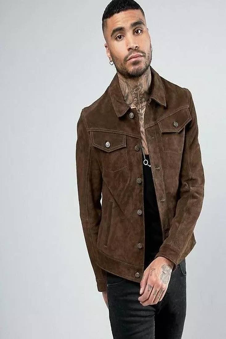 Men's genuine suede leather trucker jacket tan/brown
