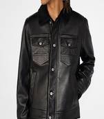 Men's genuine black pocket button style leather biker jacket style