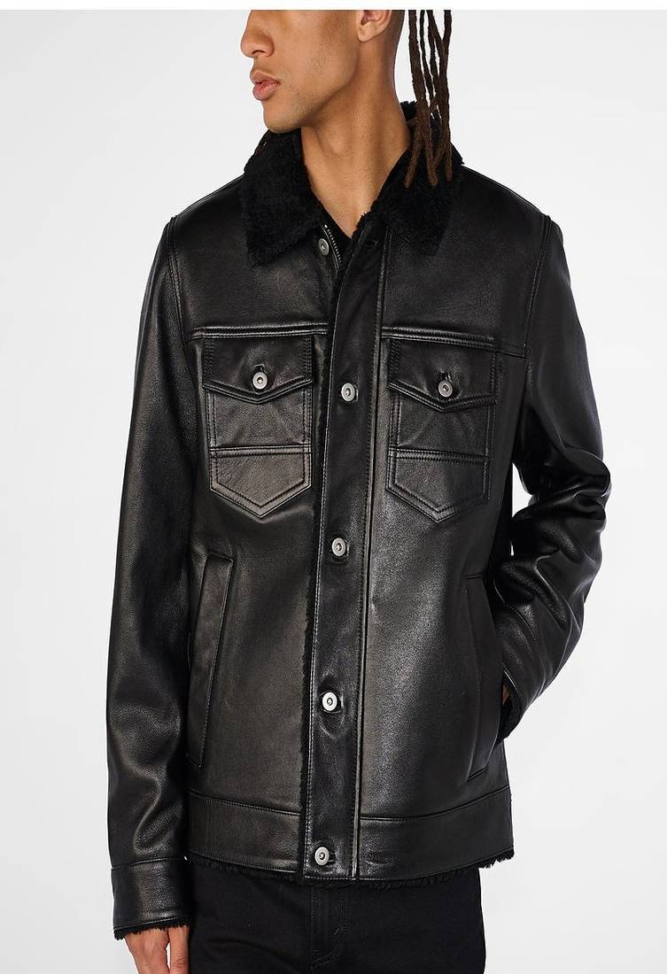 Men's genuine black pocket button style leather biker jacket style