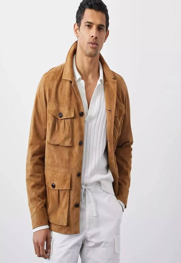 Men’s tan suede leather field jacket  classic button-up casual safari style coat
