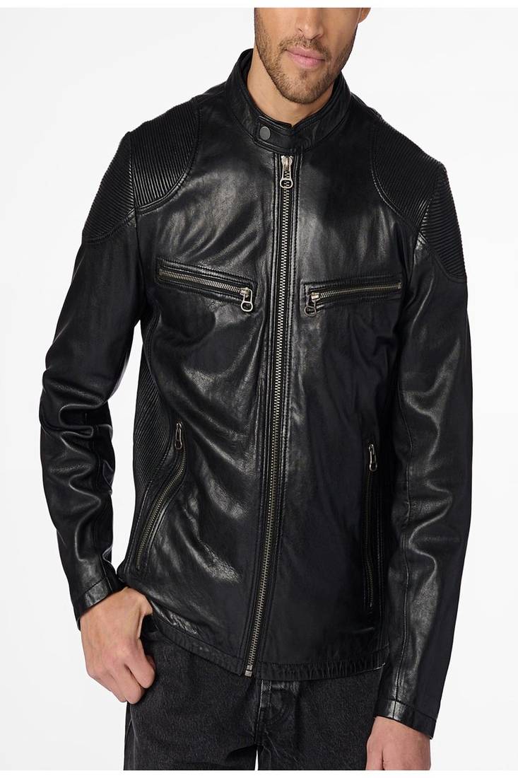 Men’s genuine leather jacket black quilted classic zip-up casual biker style