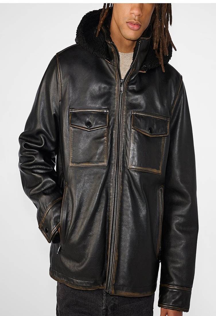 Men’s black genuine leather jacket  classic zip-up casual style coat