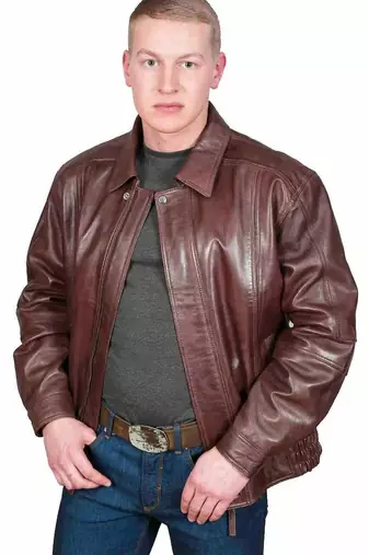 Men’s genuine leather jacket brown  classic zip-up casual biker style