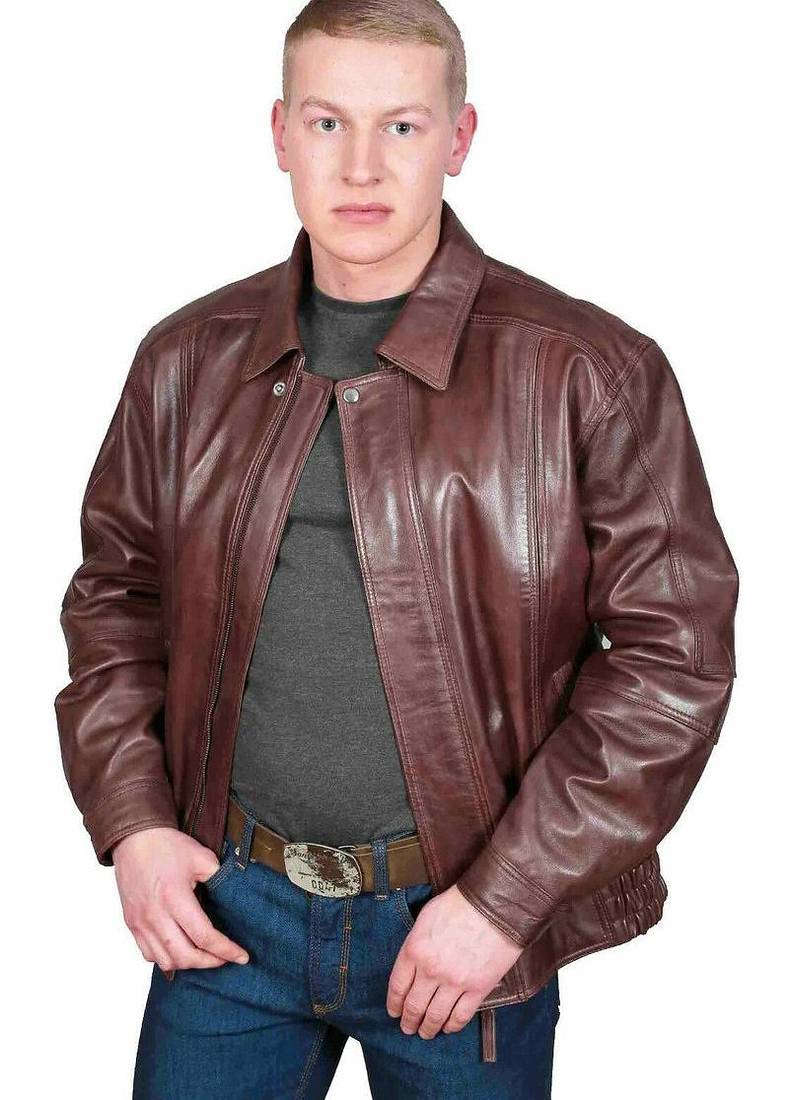 Men’s genuine leather jacket brown  classic zip-up casual biker style
