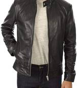 Men’s black genuine leather motorcycle jacket zip-up casual biker style