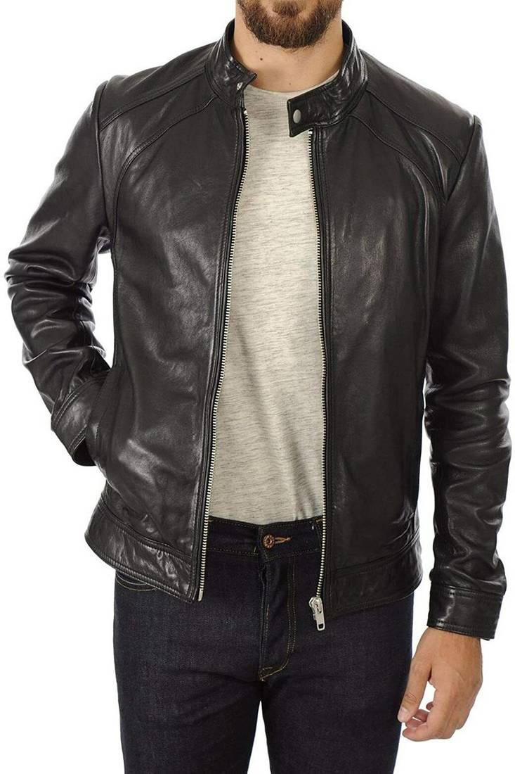 Men’s black genuine leather motorcycle jacket zip-up casual biker style