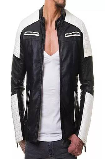 Men’s black leather jacket white quilted–slim fit moto style zip-up jacket with stripe detail