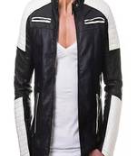 Men’s black leather jacket white quilted–slim fit moto style zip-up jacket with stripe detail