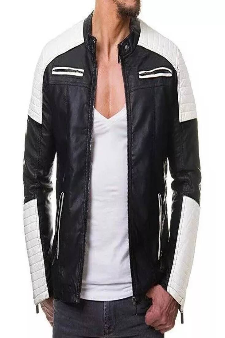 Men’s black leather jacket white quilted–slim fit moto style zip-up jacket with stripe detail