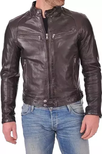 Men's genuine brown leather biker jacket – classic cafe racer style